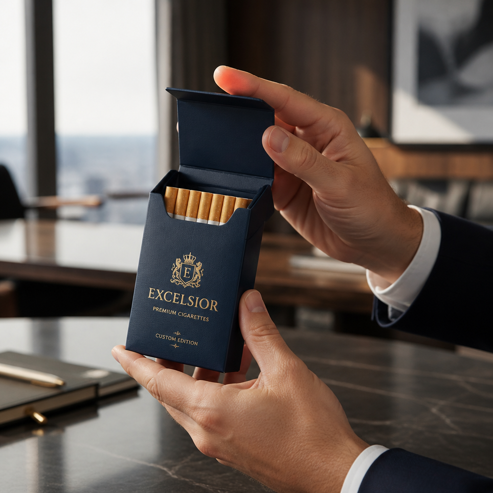 blue and white cigarette box